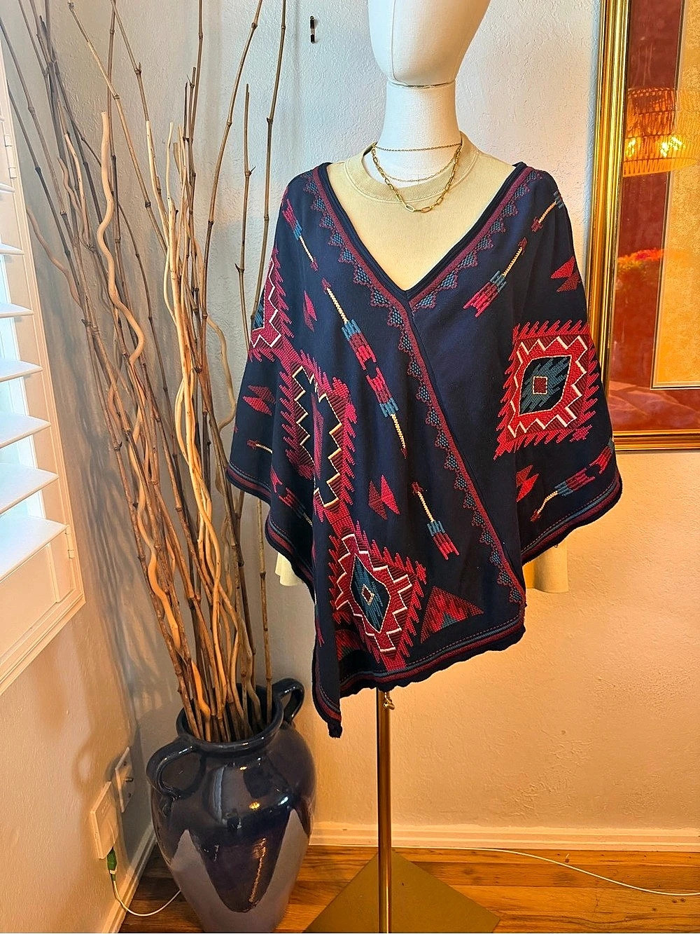 Johnny Was Los Angeles poncho Geometric Embroidered Tunic in Blue Size Small